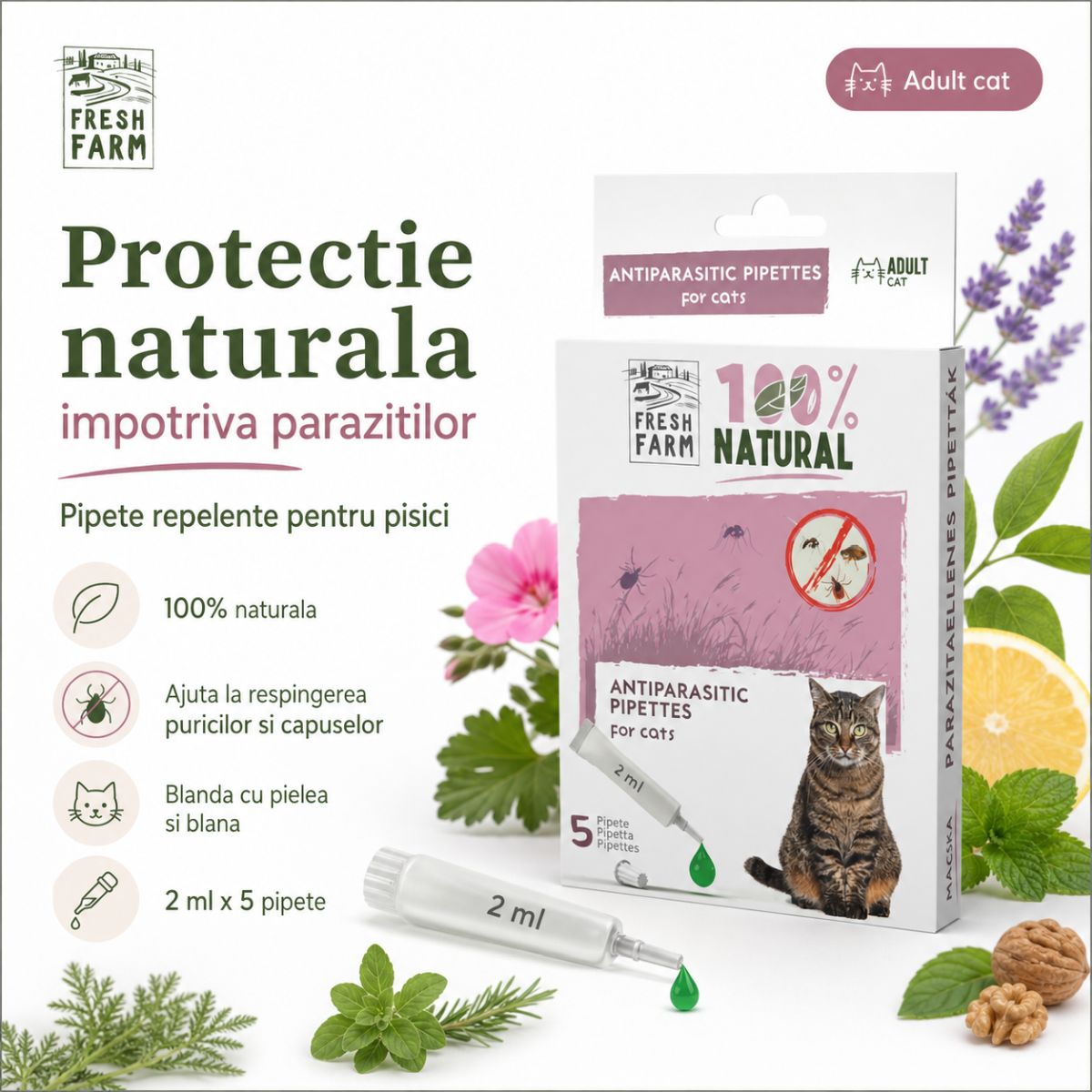 FRESH FARM, deparazitare externă naturală pisici, pipetă repelentă, 2ml x 5buc